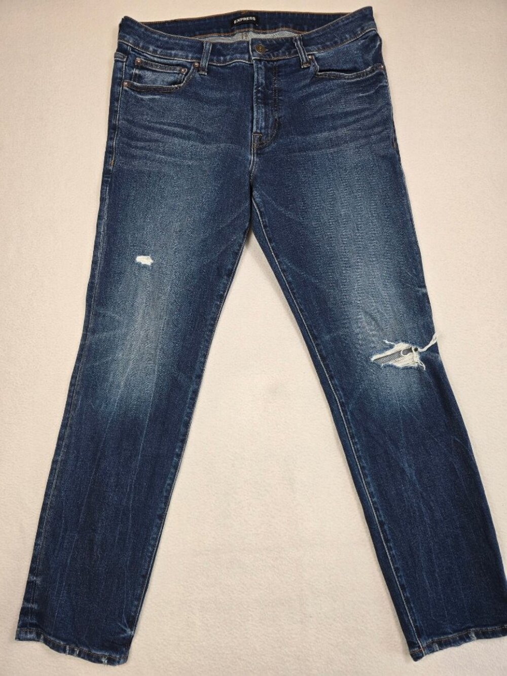 Express Mens Slim Fit Distressed Blue Jeans Size 32x30 Cotton Blend Dark Wash